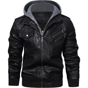 🆕Men’s Black Stand Collar PU Faux Leather Bomber Jacket With a Removable Hood